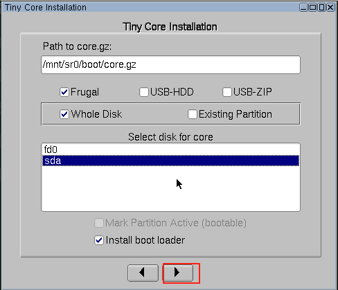 tinycore选择安装磁盘